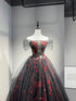 A-line Off Shoulder Tulle Black and Red Formal Dress, Floral Black and Red Party Dress